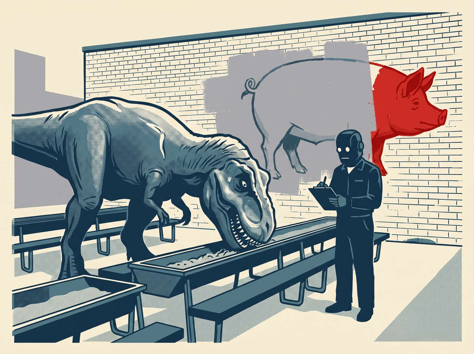 A screen-printed poster: a tyrannosaur feeds from a long steel trough set among picnic benches on a patio, a robot in coveralls stands beside it holding a clipboard, and on the brick wall behind them a painted mural of a pig is half covered over in grey, only its scarlet head still showing.