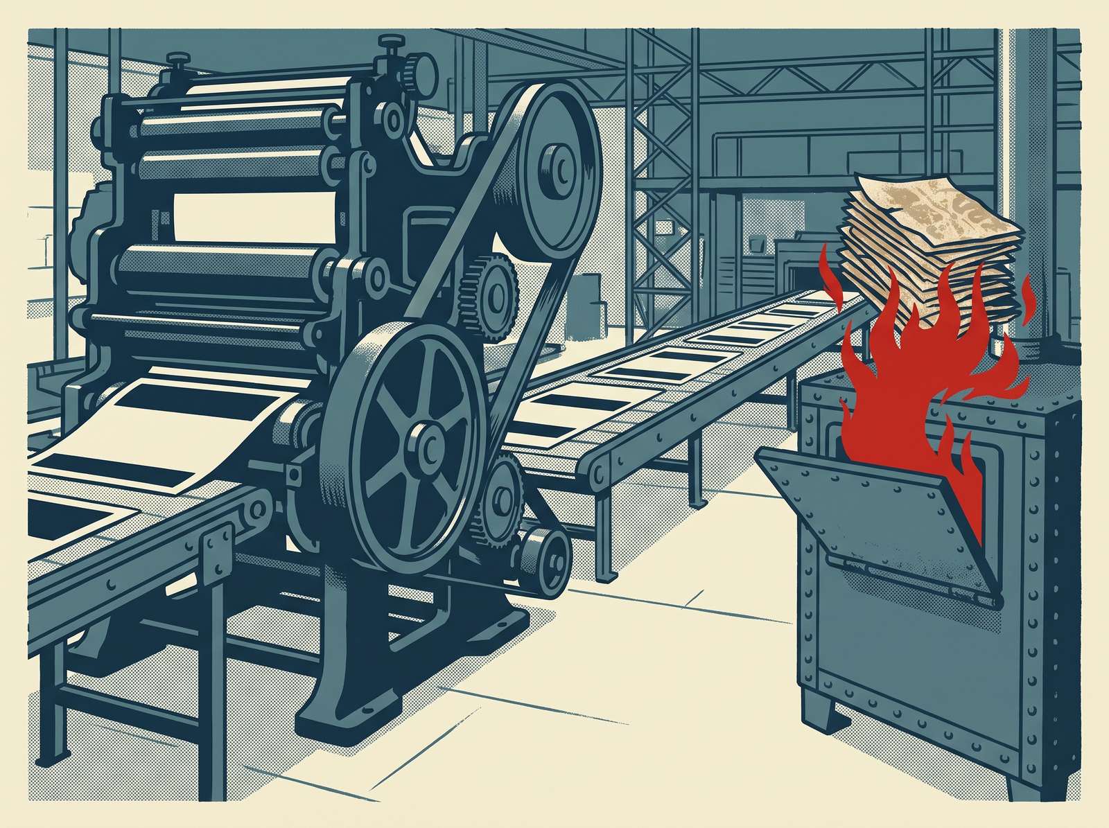 A screen-printed poster: a cast-iron printing press with belts and flywheels feeding a conveyor of blank posters, and at the right a riveted steel incinerator with its hatch open, a stack of worn flyers on top and scarlet flames rising from the opening.