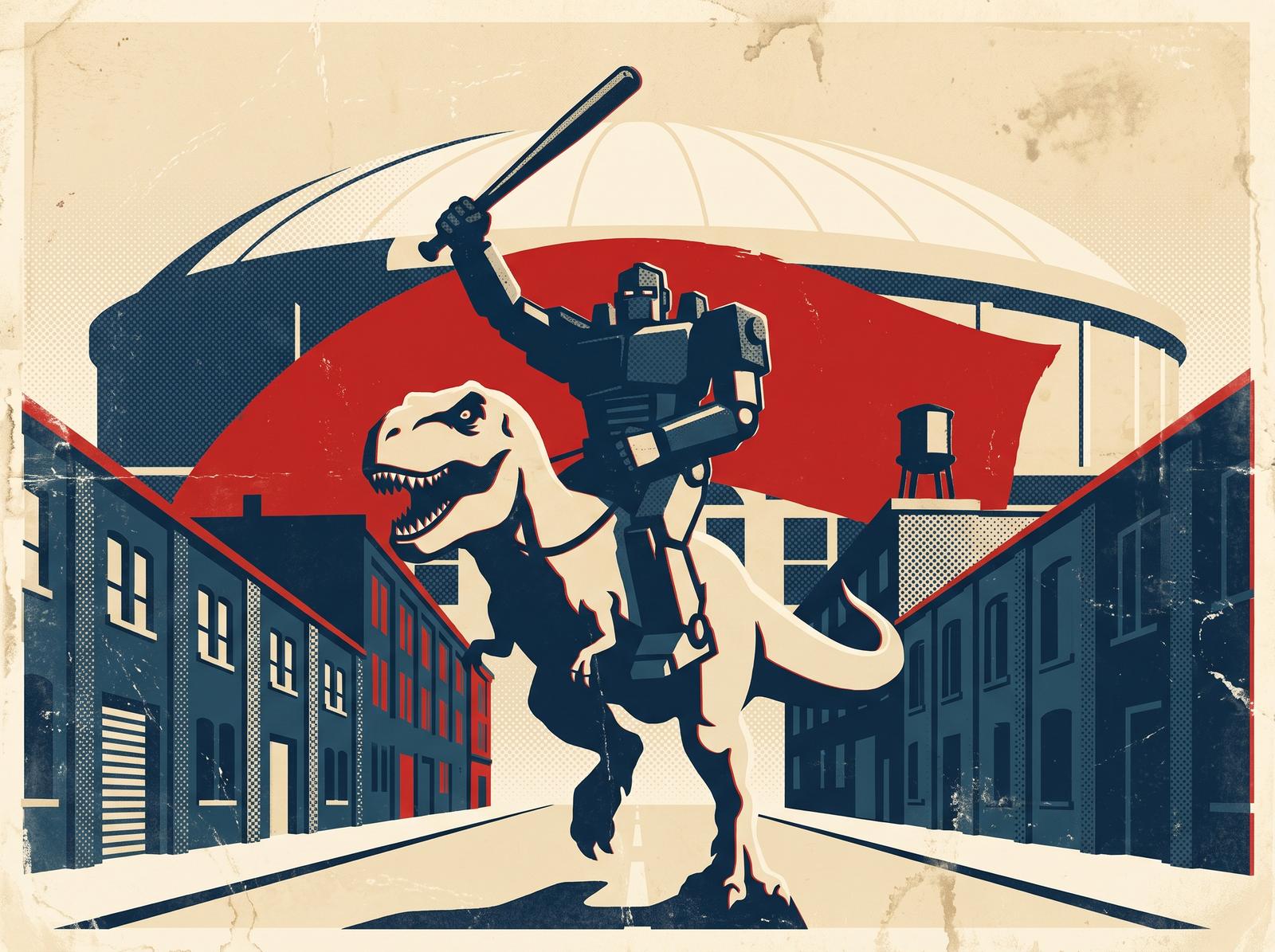 A screen-printed civic poster: an armored robot rides a rearing tyrannosaur, a baseball bat raised over one shoulder, against a cream sky and a single scarlet arc.