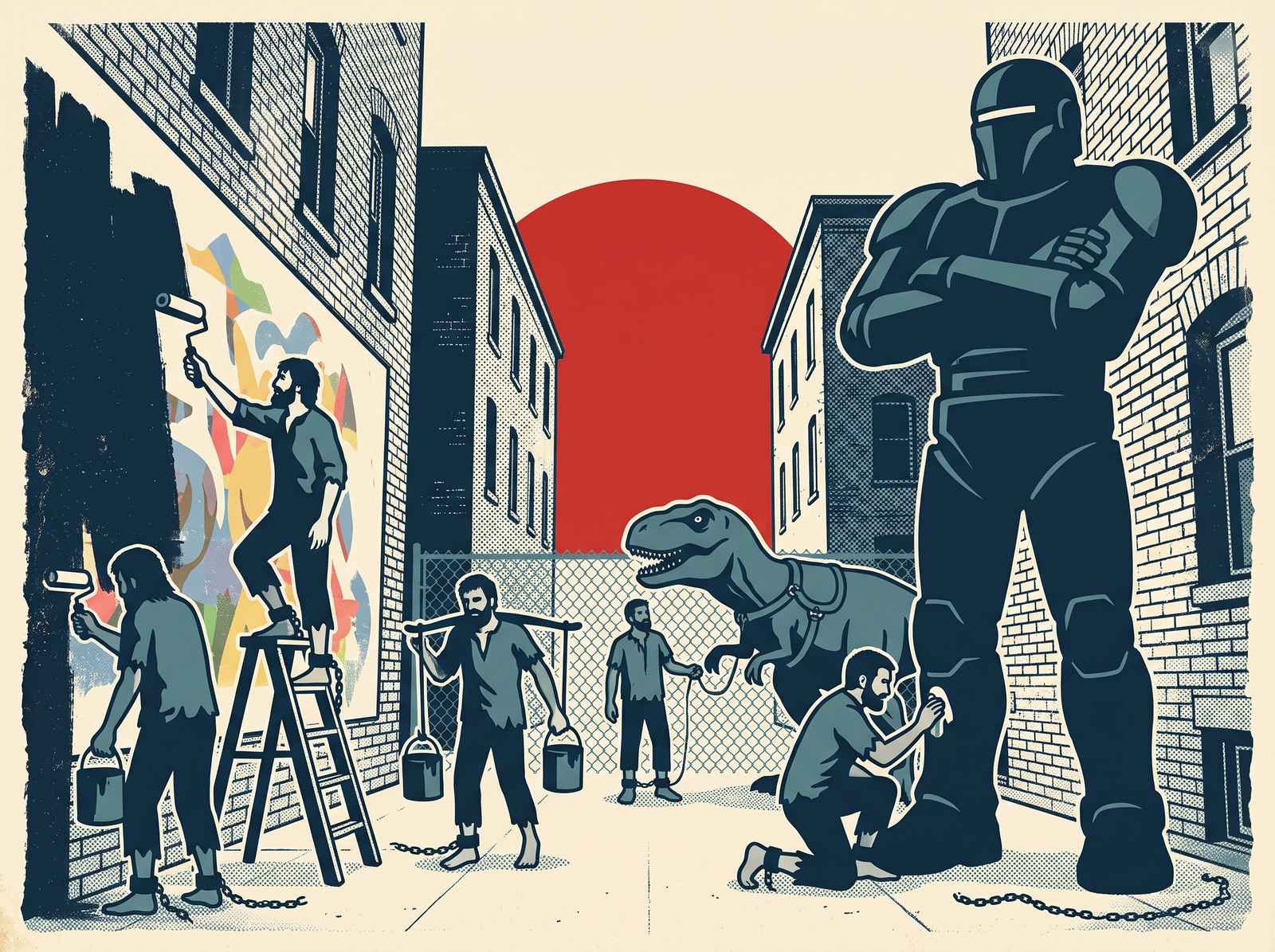 A screen-printed poster: a flat scarlet half-circle sun behind rooftops, a navy robot standing with arms crossed beside a leashed tyrannosaur at a chain-link fence, and four shackled figures rolling paint over a colorful mural, carrying a yoke of buckets, polishing a robot leg, and leading the animal.