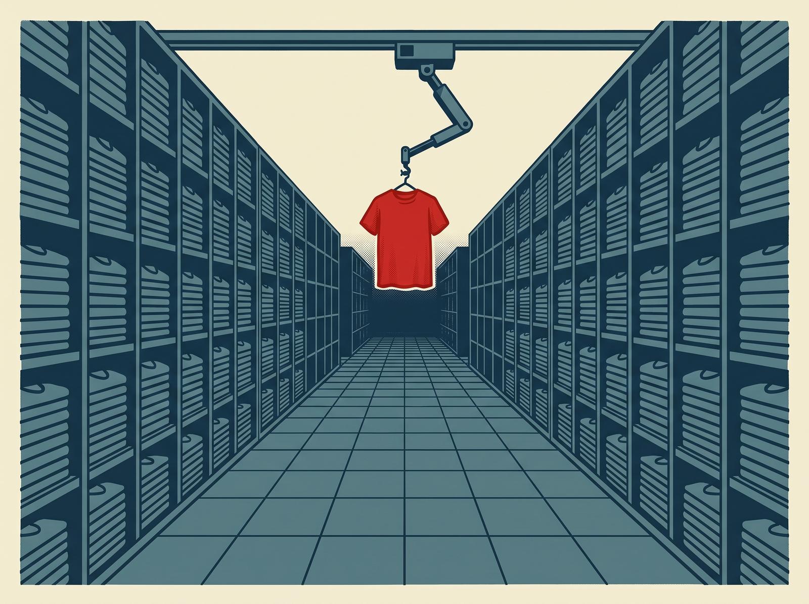 A screen-printed poster: a store aisle in one-point perspective, floor-to-ceiling shelves of identical folded shirts down both sides and a tiled floor running to the back wall, with a single scarlet t-shirt hanging from a robotic arm on a ceiling rail.