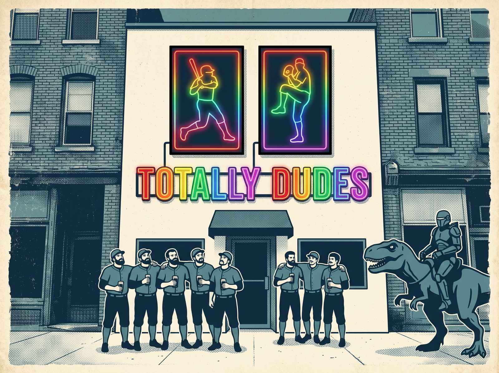 A screen-printed poster: a white storefront between brick buildings, two tall light boxes and the words on its facade printed in rainbow neon, a crowd of bearded men in baseball uniforms holding beers below, and a robot on a tyrannosaur at the right edge.