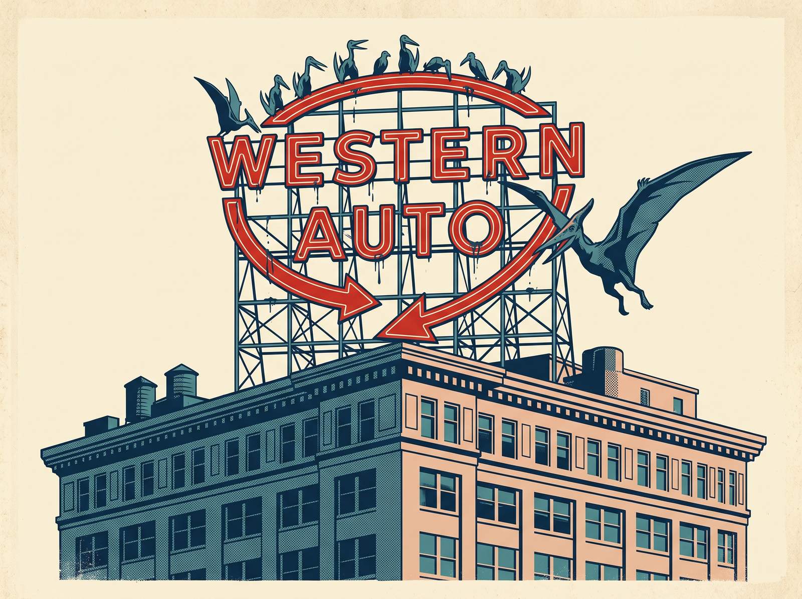A screen-printed poster: the Western Auto sign in scarlet on its lattice tower, roughly ten pterodactyls roosting along the letters and framework against a cream sky.